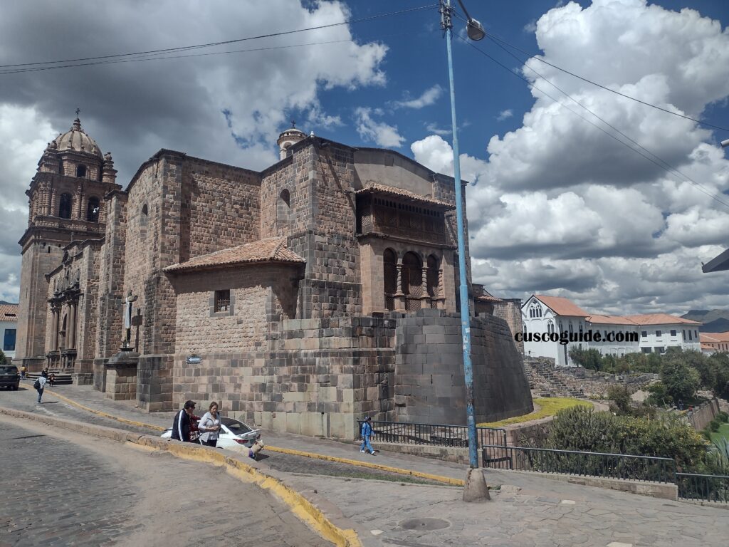 Qoricancha Temple and Santo Domingo Church in Cusco, showing the colonial convent built on top of the ancient Inca Sun Temple with original Inca stone foundations still visible.